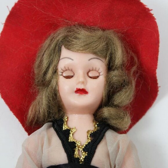 Vintage Plastic Costumed Display Doll Sleep Eyes Frozen Legs Red & White Dress - Picture 3 of 10